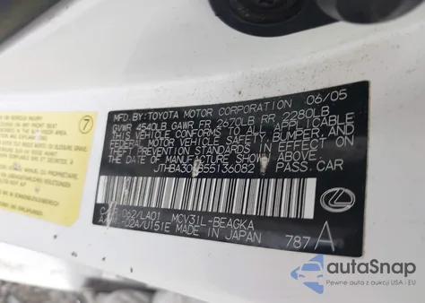 2005 Lexus Es 330 from USA, damaged, VIN JTHBA30G855136082